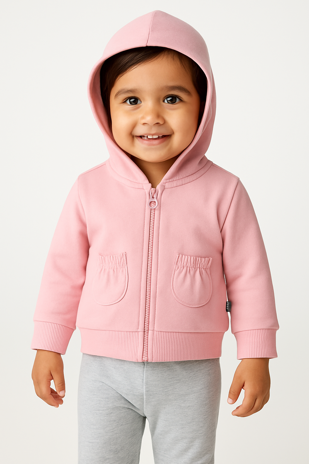 "Baby Girls' Light Pink Hooded Zip-Up Sweatshirt with Front Pockets"