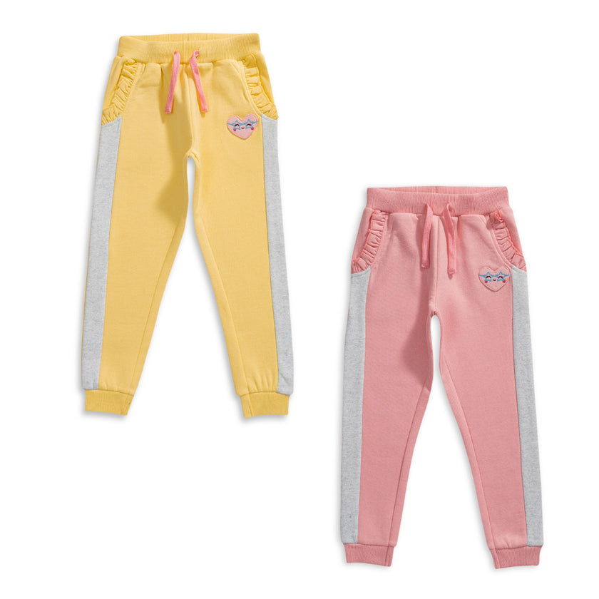 "Baby Girls'  Track Pants – Pack of 2 (Yellow & Pink) with Ruffle Pockets and Heart Patch"