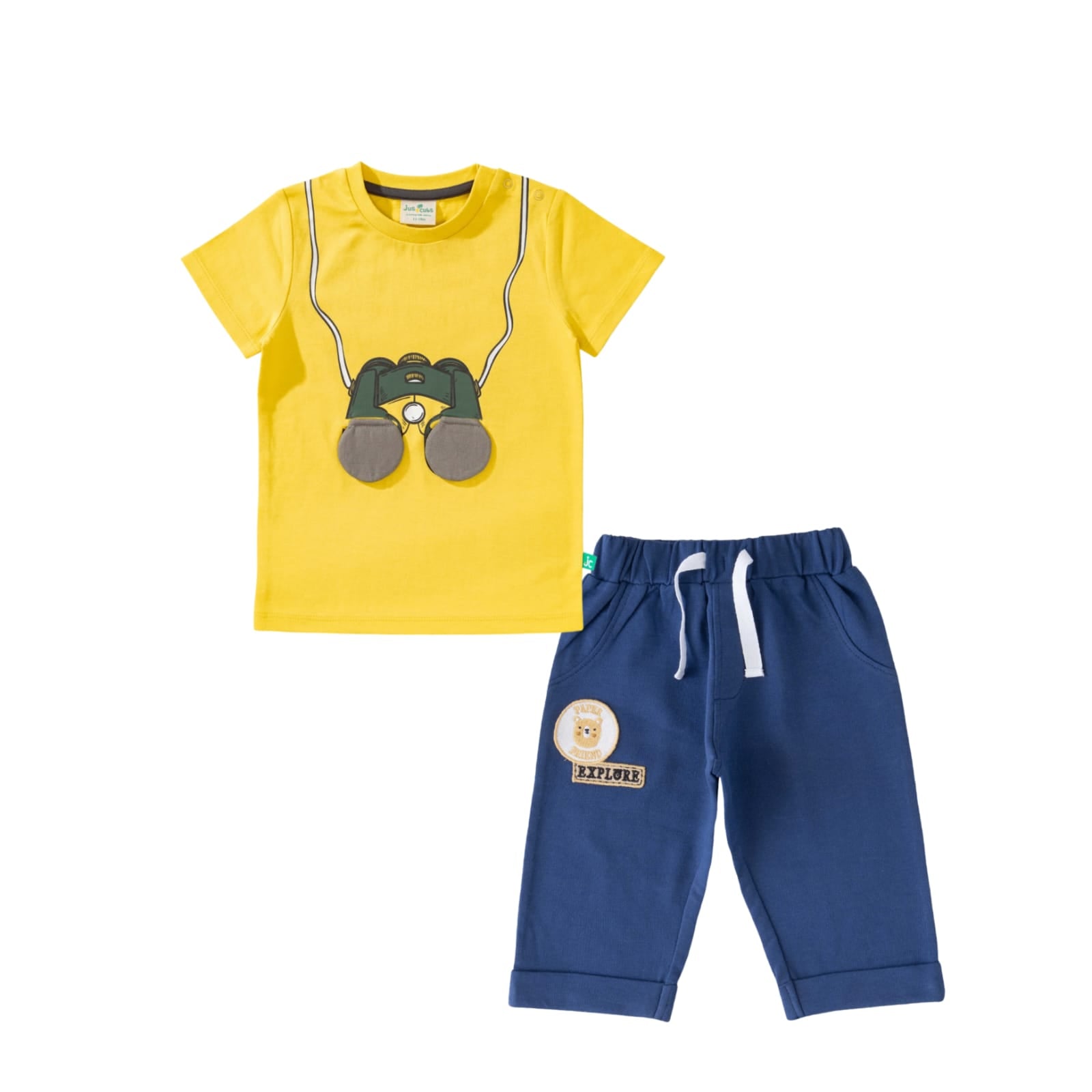 Baby Boys Explorer T-Shirt & Pants Set – Adventure Binocular Print (Yellow & Navy Blue)