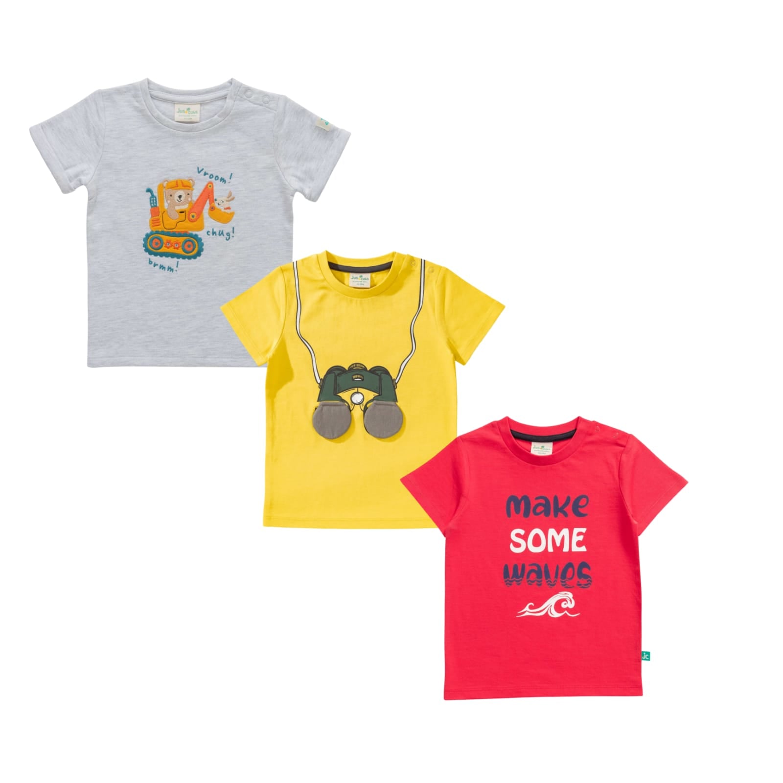 "Baby Boys' Fun Graphic Cotton T-Shirt Pack - Set of 3 (Excavator, Binoculars, Waves Print)"
