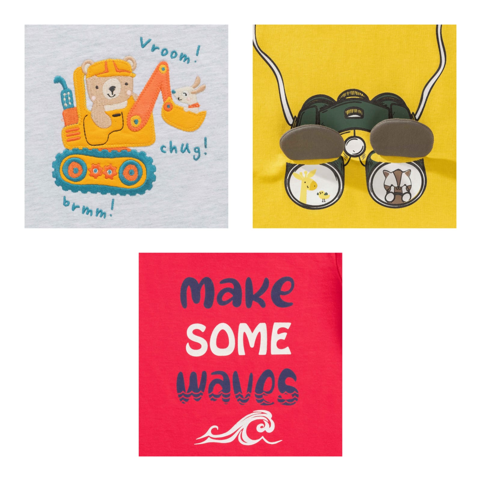"Baby Boys' Fun Graphic Cotton T-Shirt Pack - Set of 3 (Excavator, Binoculars, Waves Print)"