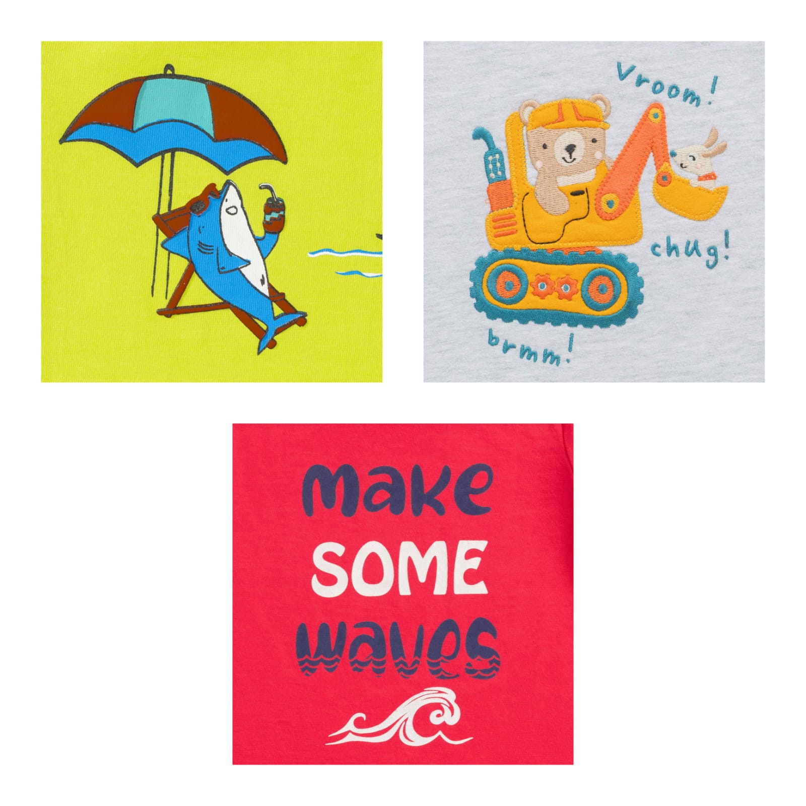 "Baby Boys' Cotton T-Shirt Combo - Pack of 3 (Shark Beach, Digger, Make Waves Prints)"