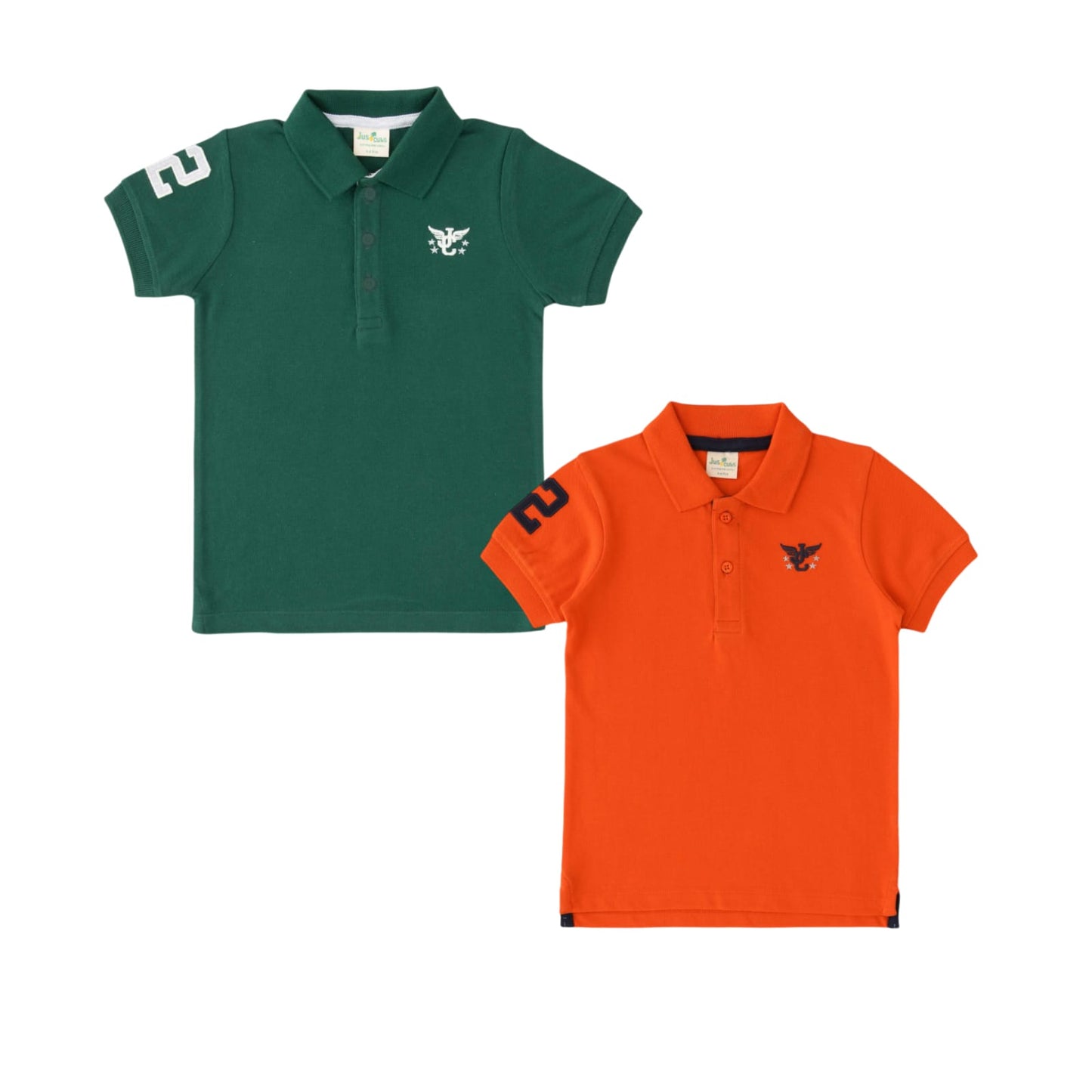 Boys' Pack of 2 Polo T-Shirts – Green & Orange with Embroidered Logo