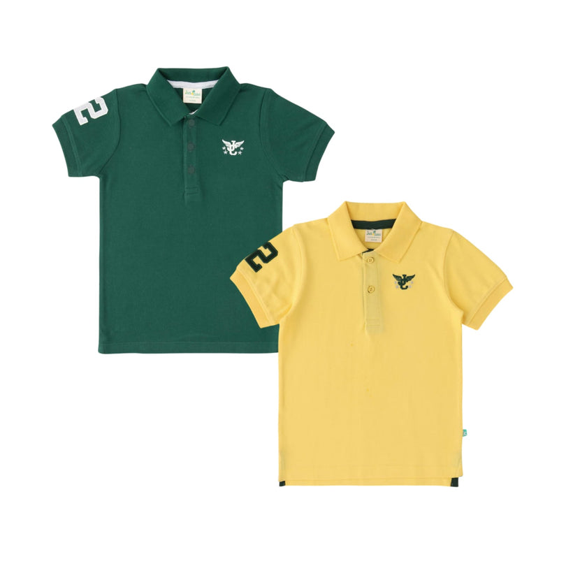 Boys' Pack of 2 Polo T-Shirts – Green & Yellow with Embroidered Logo
