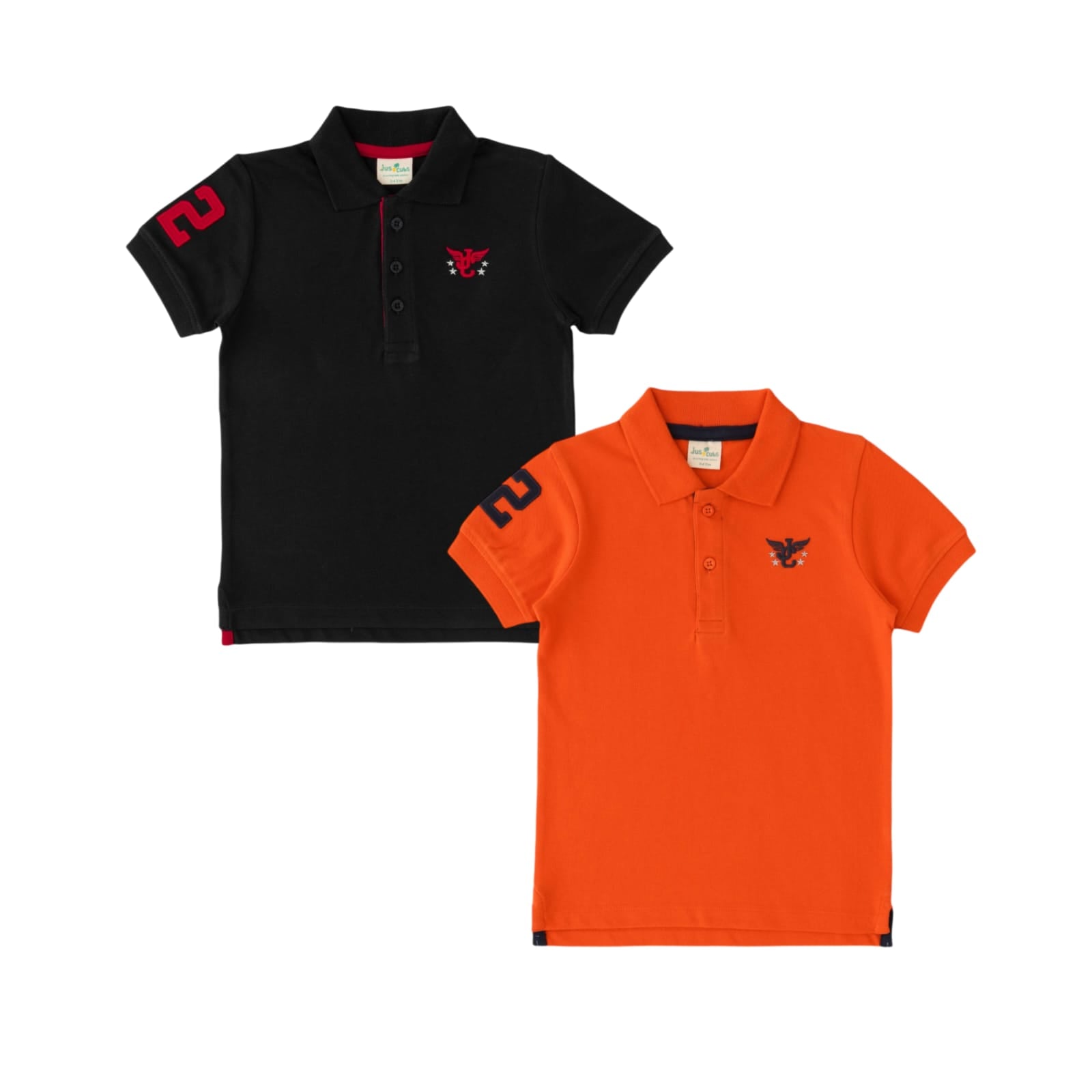 Boys' Pack of 2 Polo T-Shirts – Black & Orange with Embroidered Logo