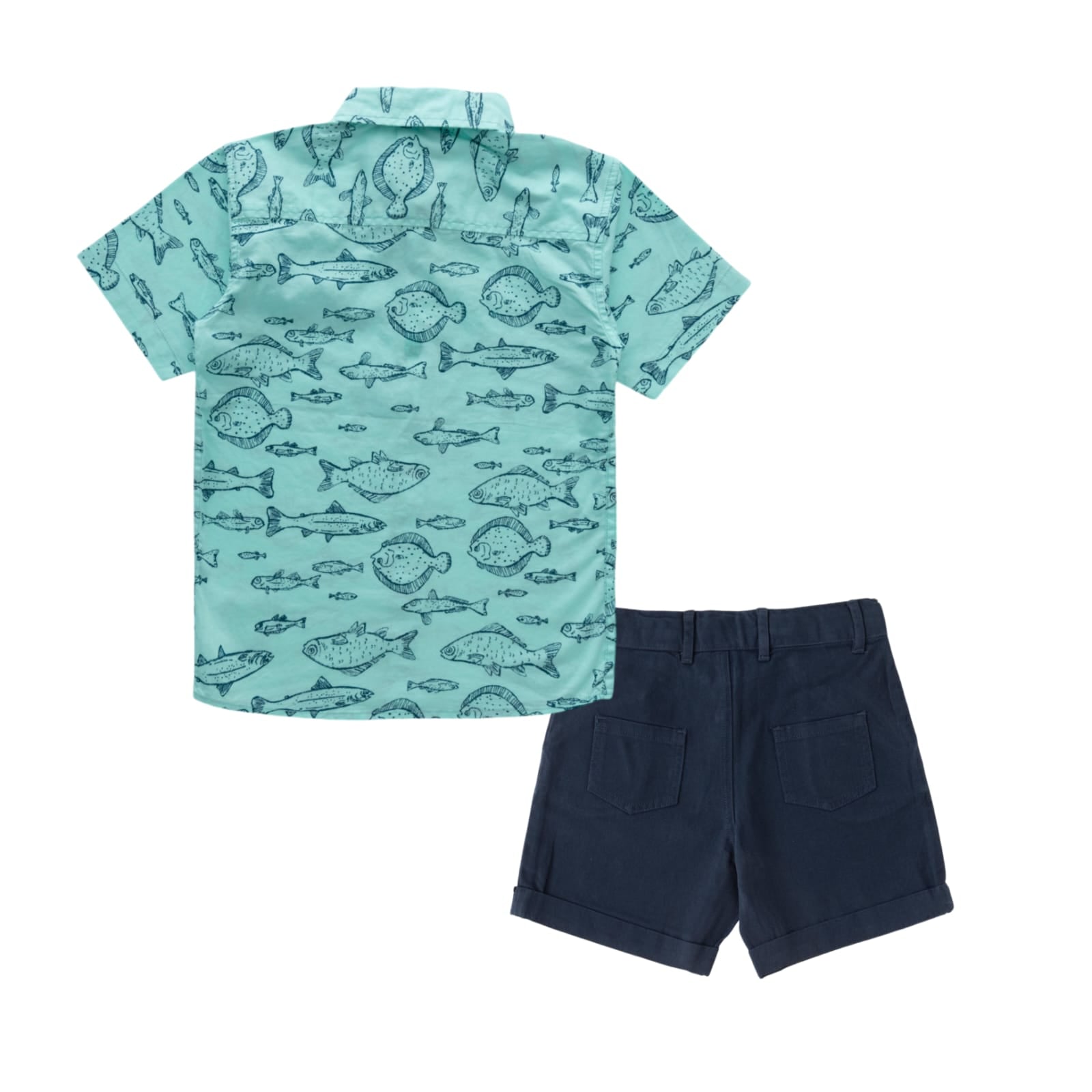 "Boys' Aqua Blue Fish Print Shirt and Navy Shorts Set – Ocean Explorer Summer Outfit"