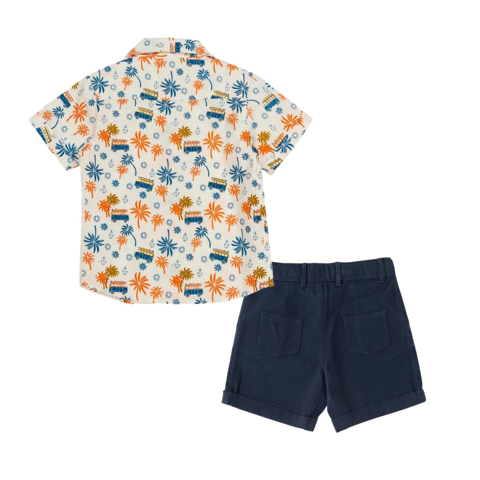 "Boys' Tropical Print Shirt and Navy Shorts Set – Summer Outfit"