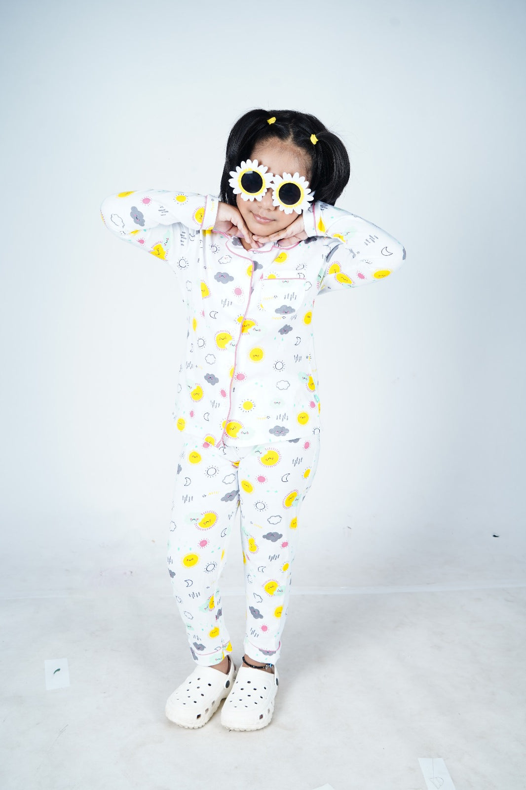 "Girls' Weather Print Cotton Pajama Set – Button-Up Top & Pants"