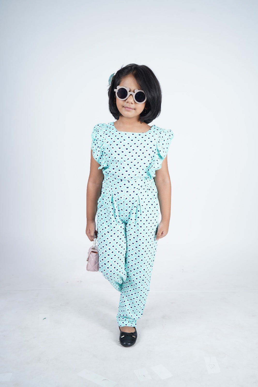 "Girls' Sleeveless Printed Jumpsuit with Ruffle Detailing – Aqua Blue"