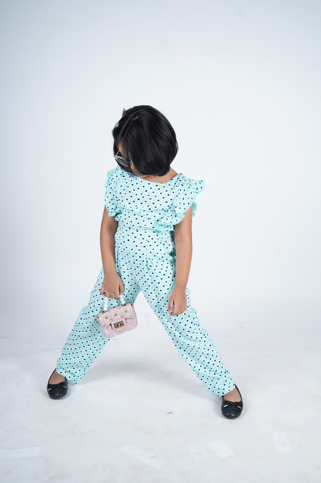 "Girls' Sleeveless Printed Jumpsuit with Ruffle Detailing – Aqua Blue"