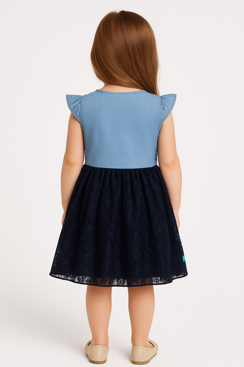 Girls' Denim and Navy Lace Party Dress with Matching Hair Scrunchie – Short Sleeve Button-Front Dress with Bow Accent