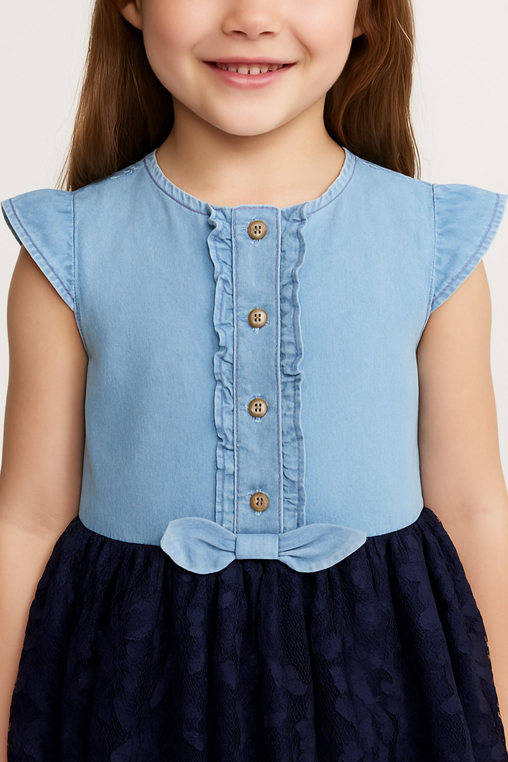 Girls' Denim and Navy Lace Party Dress with Matching Hair Scrunchie – Short Sleeve Button-Front Dress with Bow Accent