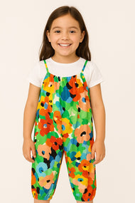 Baby Girls' Floral Printed Dungaree with White Tee – Multicolor Sleeveless Layered Set