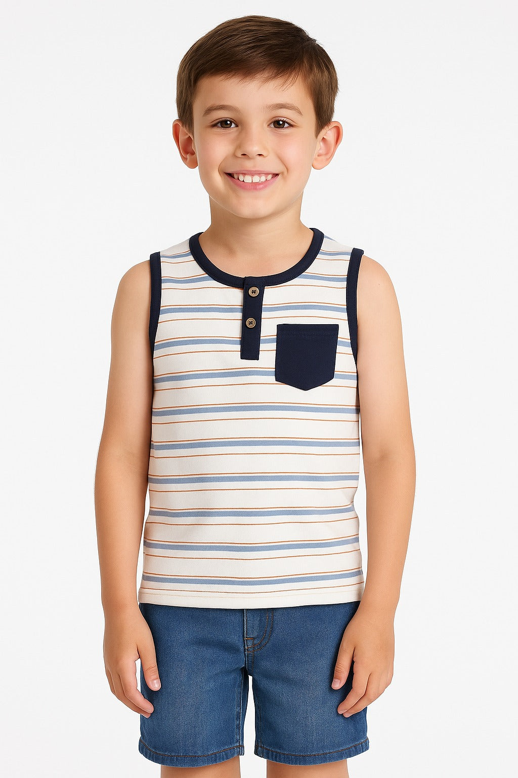 Kids' Striped Sleeveless Henley T-shirt with Pocket – Casual Summer Wear