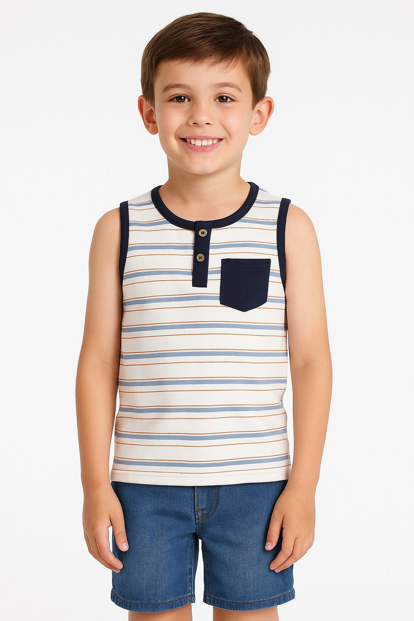 Kids' Striped Sleeveless Henley T-shirt with Pocket – Casual Summer Wear