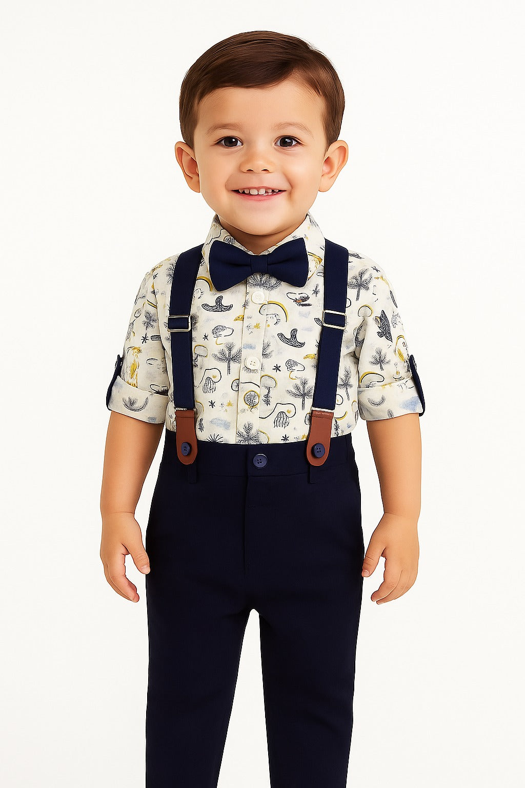 Baby Boys' Formal Outfit – Safari Print Shirt with Suspenders & Navy Pants