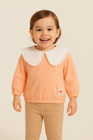Girls' Peach Long-Sleeve Sweatshirt with Lace Peter Pan Collar