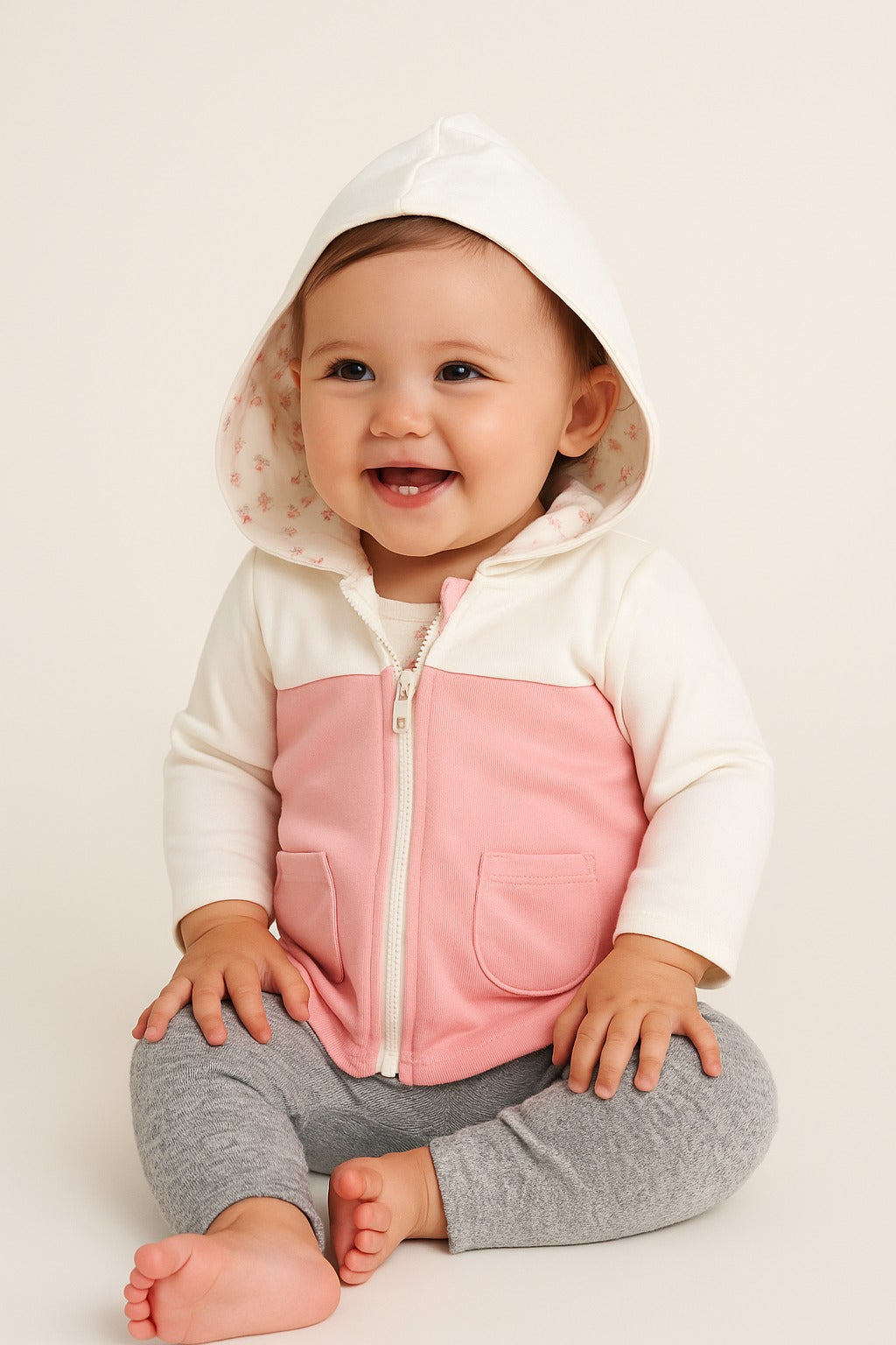 Baby Girls Two-Tone Zip-Up Hoodie - Cream & Pink with Front Pockets