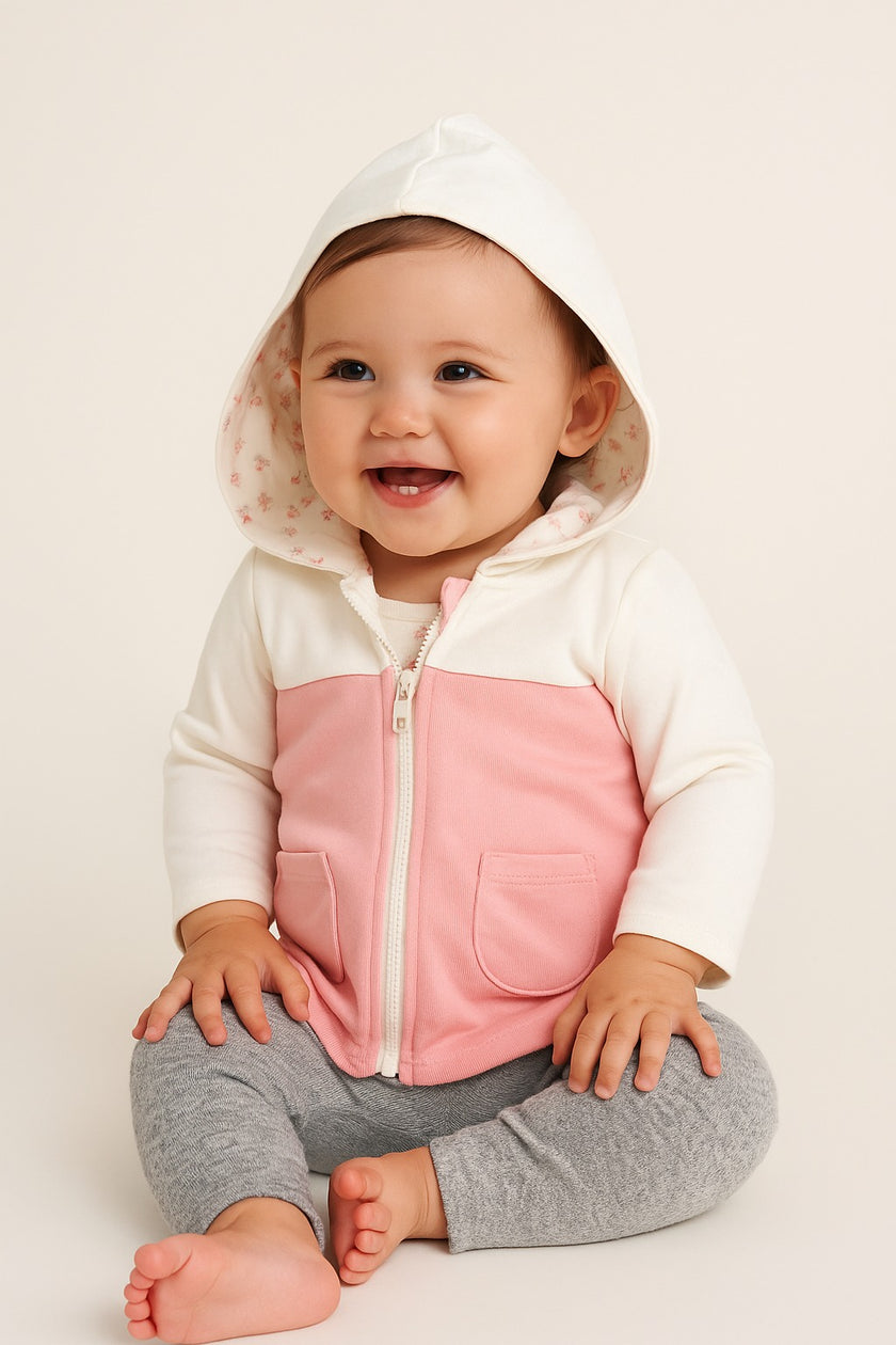 Baby Girls Two-Tone Zip-Up Hoodie - Cream & Pink with Front Pockets