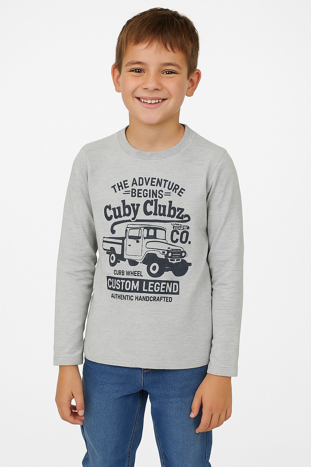 Boys' Grey Long Sleeve T-Shirt - "Adventure Begins" Vintage Truck Graphic