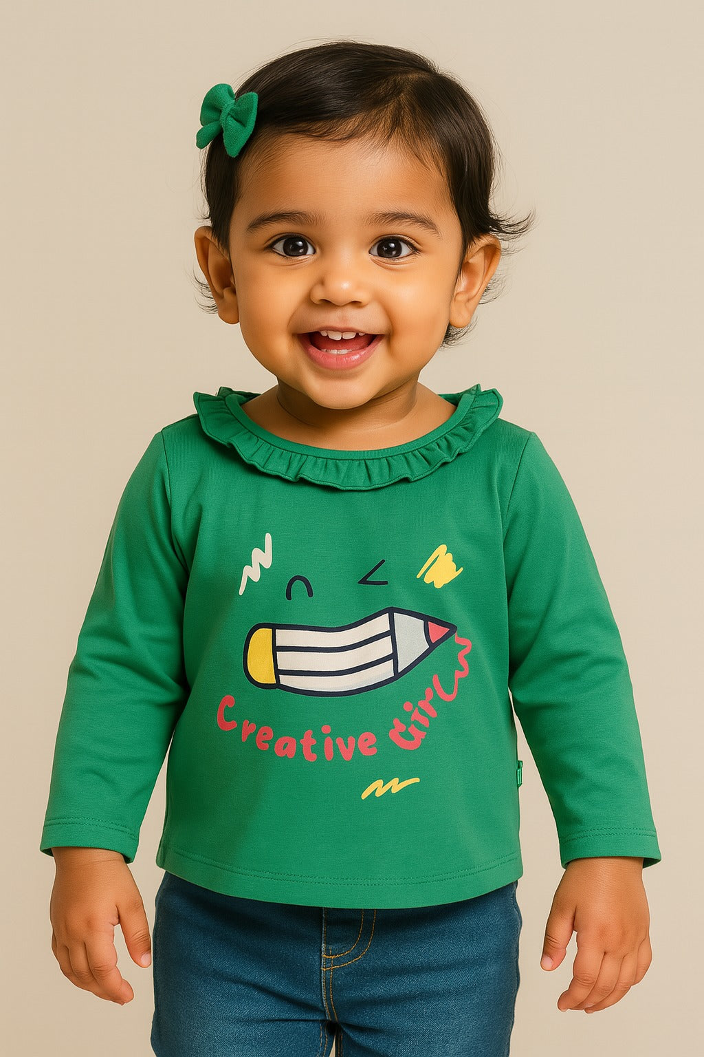 "Baby Girls' Green Cotton Full Sleeve Top with Creative Pencil Print & Ruffle Neck"