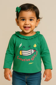 "Baby Girls' Green Cotton Full Sleeve Top with Creative Pencil Print & Ruffle Neck"