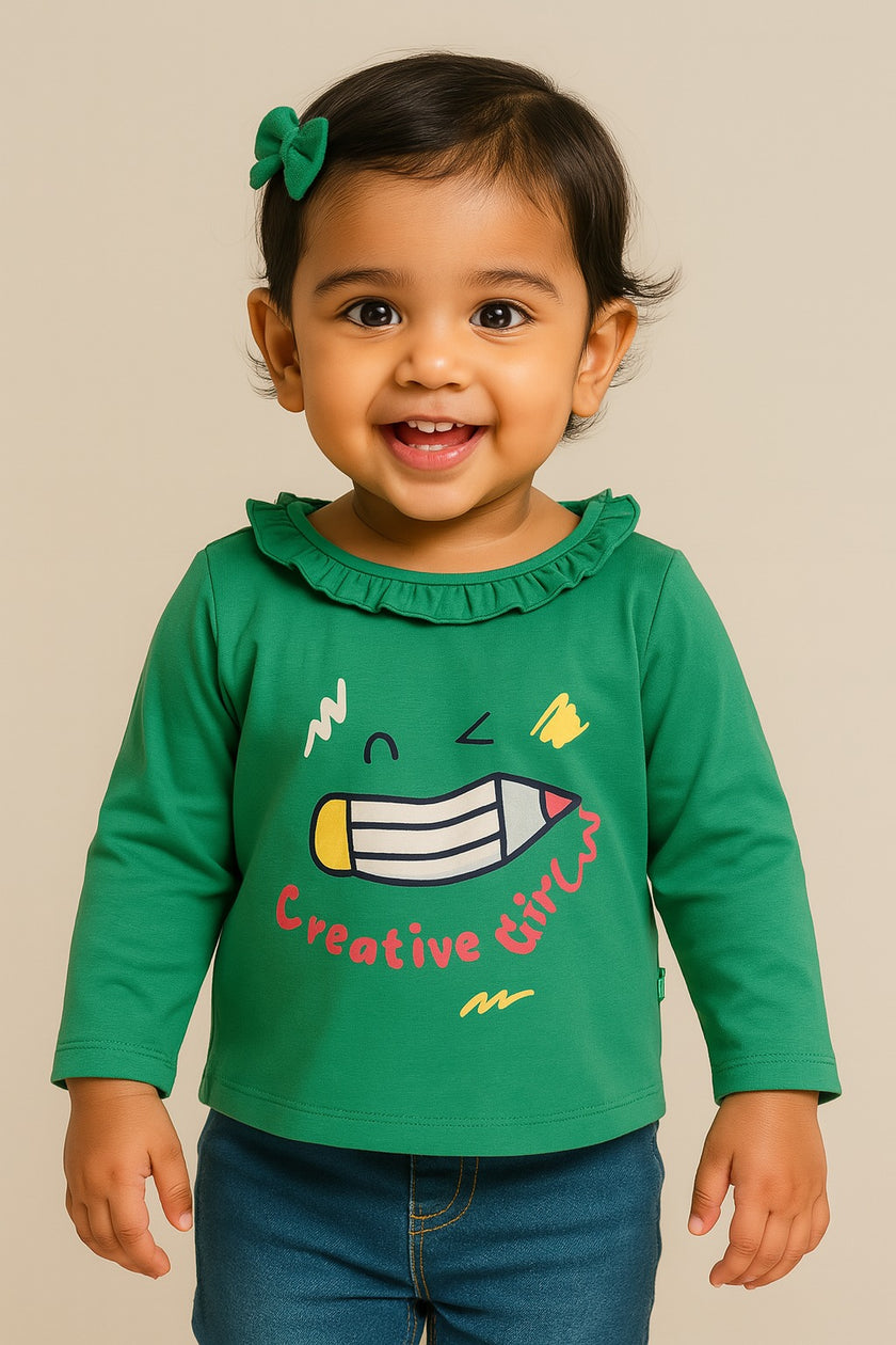 "Baby Girls' Green Cotton Full Sleeve Top with Creative Pencil Print & Ruffle Neck"