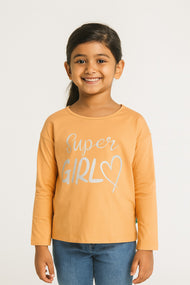 "Girls Peach 'Super Girl' Printed Cotton Full Sleeve T-Shirt"