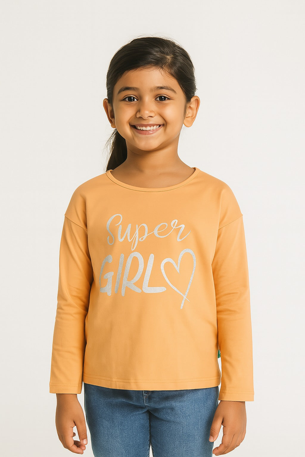 "Girls Peach 'Super Girl' Printed Cotton Full Sleeve T-Shirt"