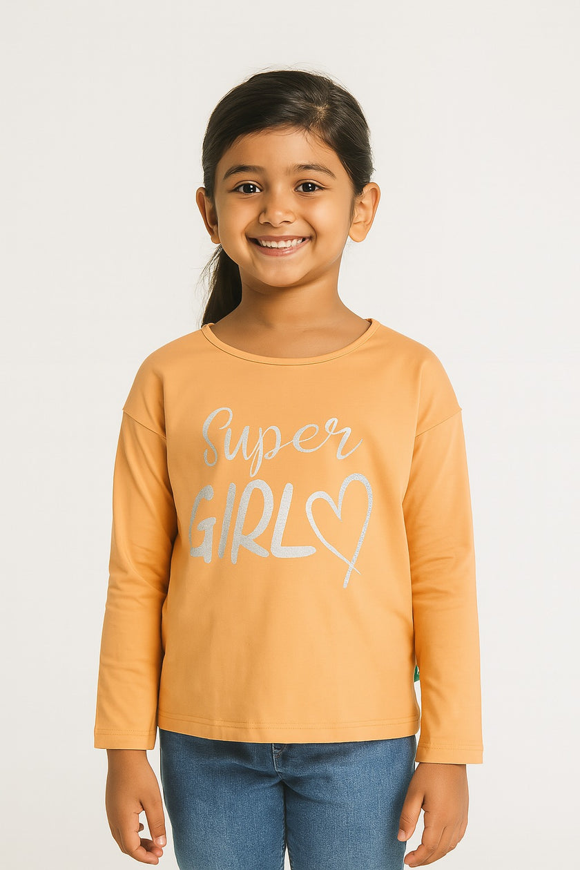 "Girls Peach 'Super Girl' Printed Cotton Full Sleeve T-Shirt"