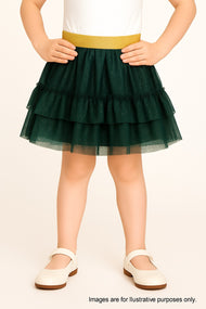 "Girls Emerald Green Glitter Tutu Skirt with Gold Elastic Waistband & Ruffle Layers"