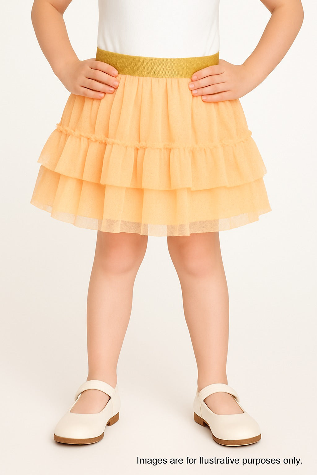 "Girls Orange Glitter Net Tutu Skirt with Ruffle Layers & Gold Elastic Waistband"
