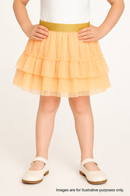 "Girls Orange Glitter Net Tutu Skirt with Ruffle Layers & Gold Elastic Waistband"