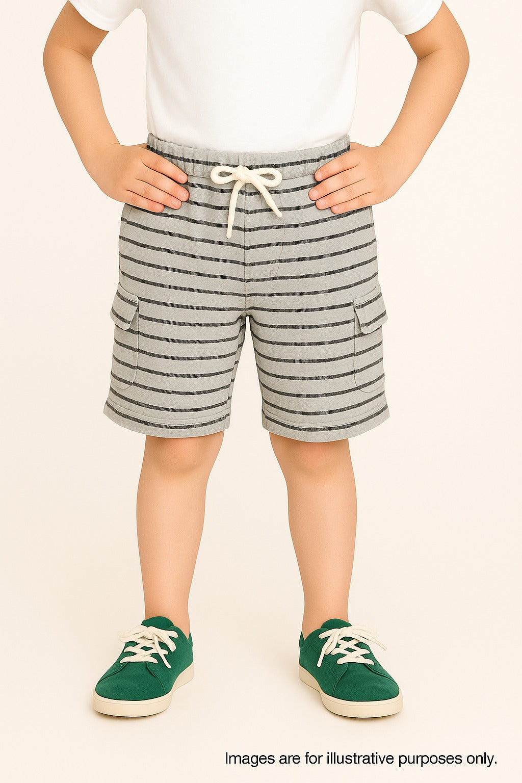 "Boys' Grey & Black Striped Cotton Cargo Shorts with Drawstring – Casual Wear"