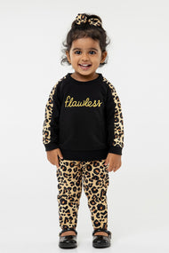 "Girls' Flawless Black Sweatshirt & Leopard Print Jogger Set – Stylish & Comfy Loungewear"