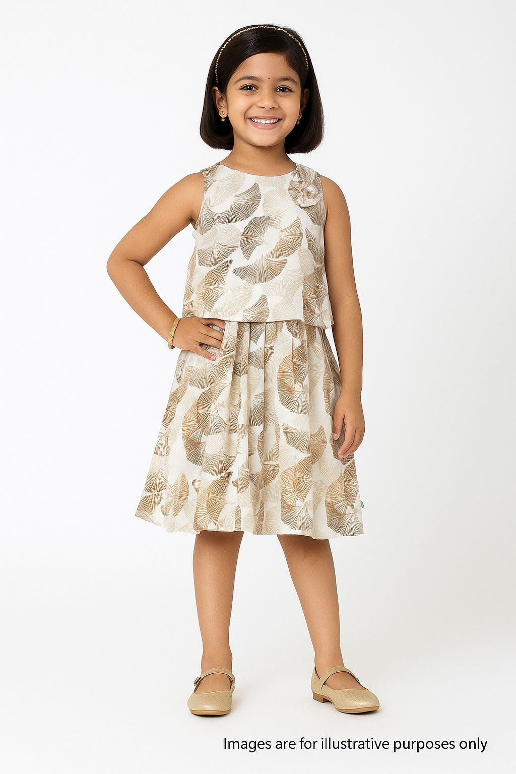 "Girls Sleeveless Layered Frock with Leaf Print – Beige & Brown"