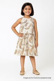 "Girls Sleeveless Layered Frock with Leaf Print – Beige & Brown"