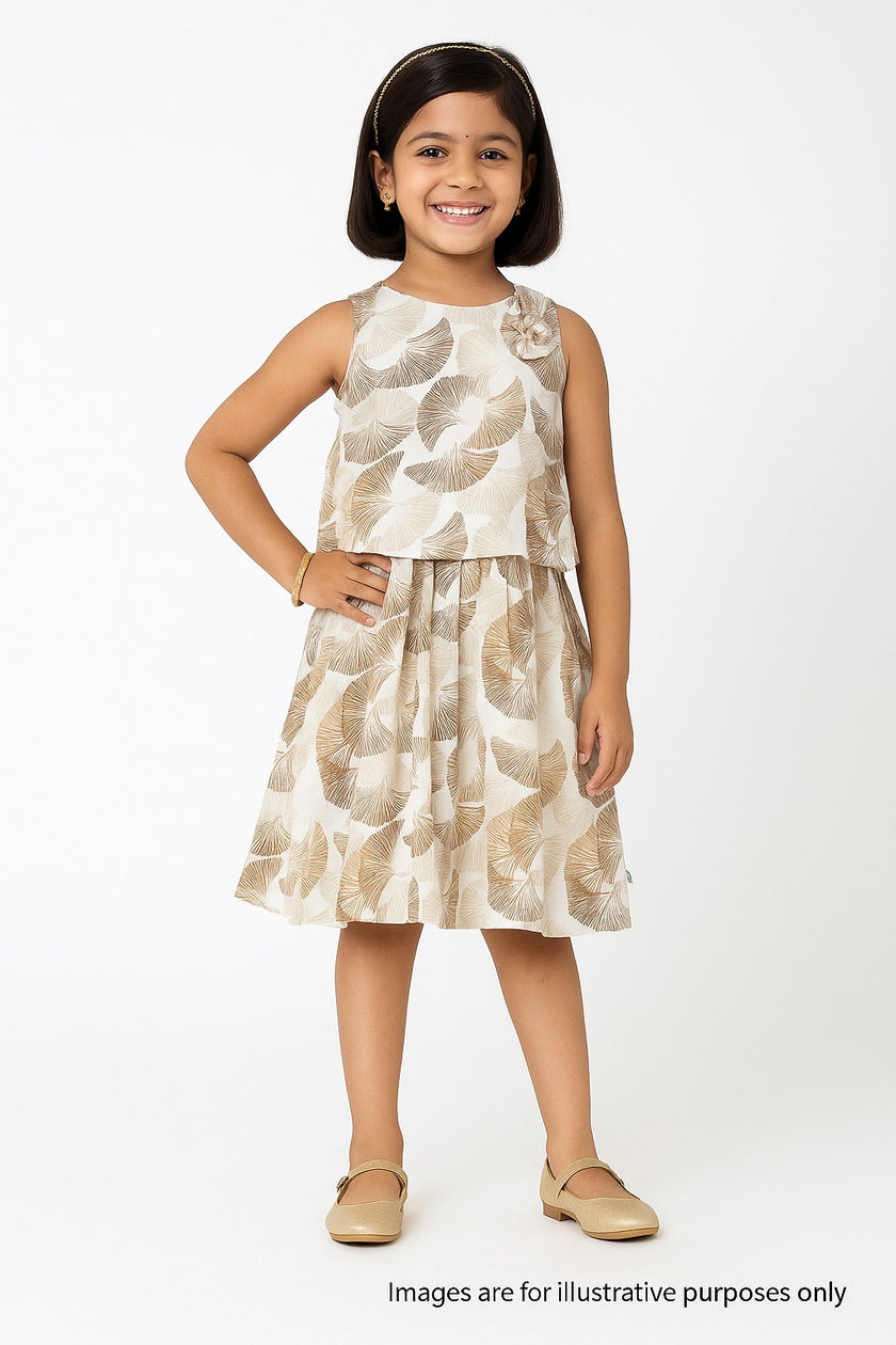 "Girls Sleeveless Layered Frock with Leaf Print – Beige & Brown"