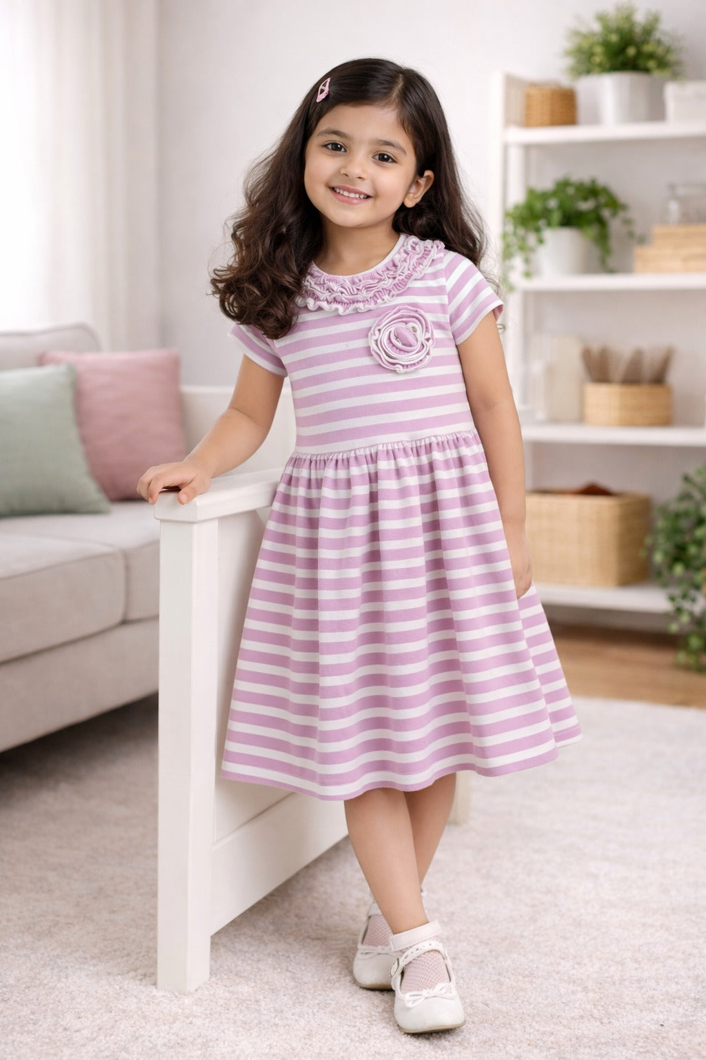 "Girls Lilac & White Striped Cotton Dress with Ruffle Neck and Flower Appliqué"