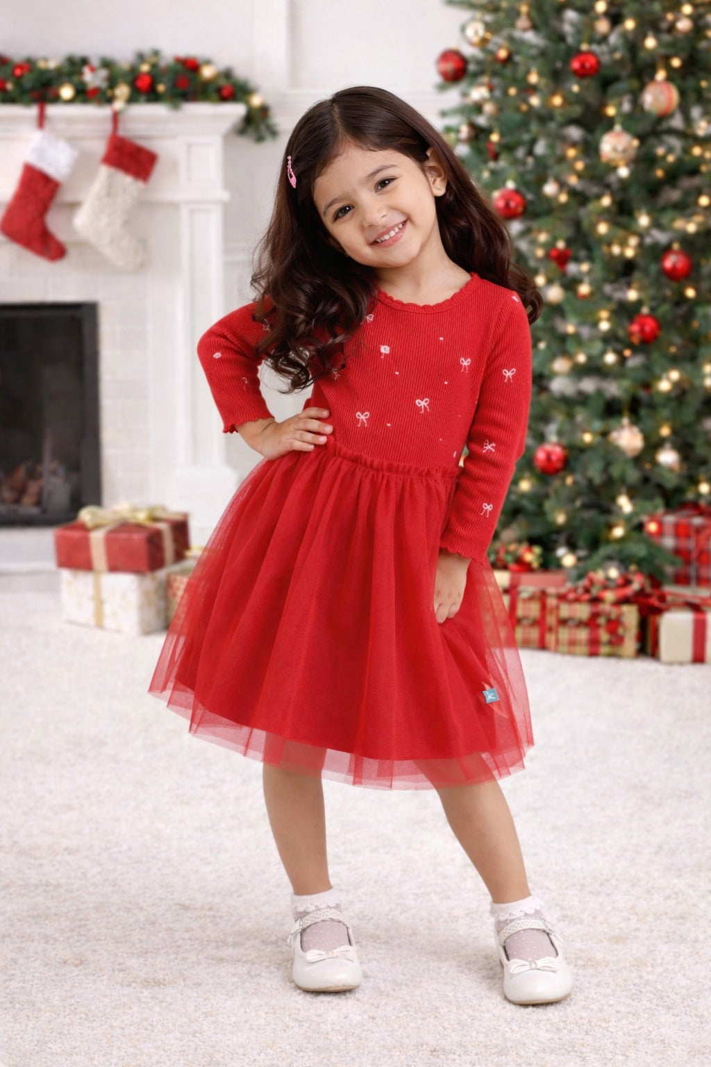 "Baby Girls Red Party Wear Dress | Long Sleeve Embroidered Bodice & Tulle Skirt"