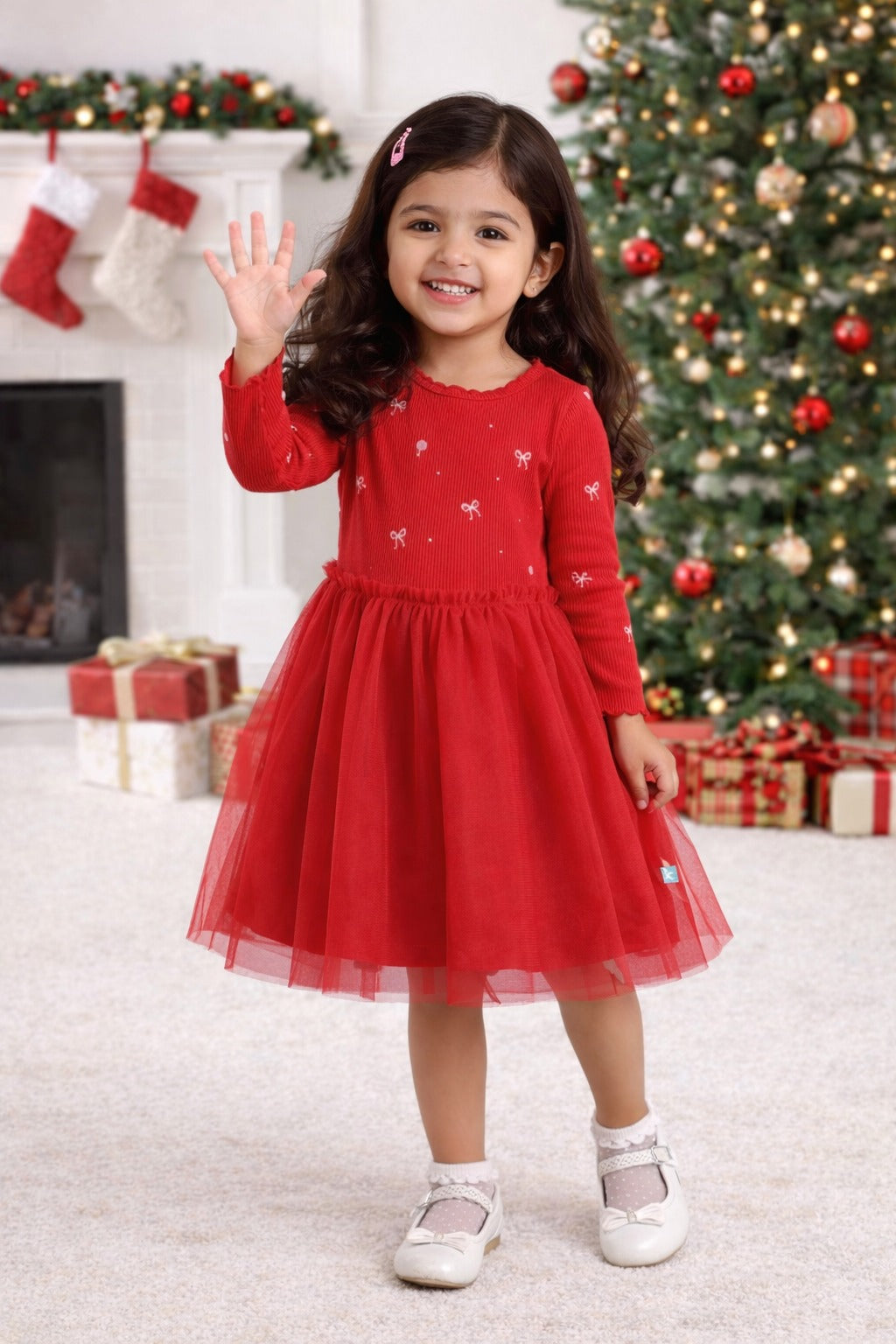 "Baby Girls Red Party Wear Dress | Long Sleeve Embroidered Bodice & Tulle Skirt"