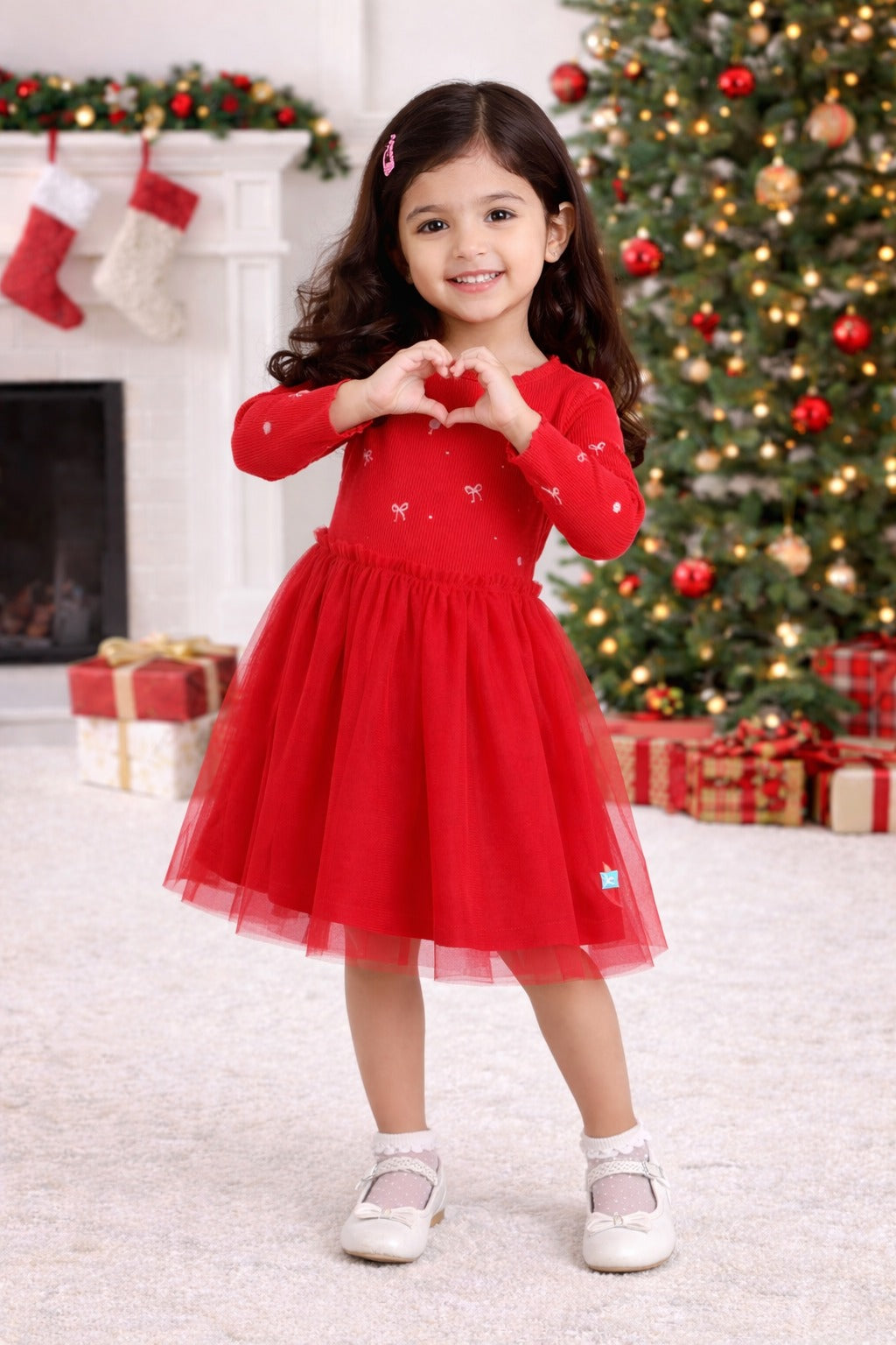 "Baby Girls Red Party Wear Dress | Long Sleeve Embroidered Bodice & Tulle Skirt"