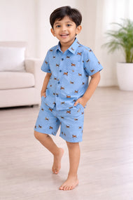 “Baby Boys Blue Dog Print Cotton Shirt & Shorts Co-Ord Set – Soft, Breathable & Stylish Summer Outfit"