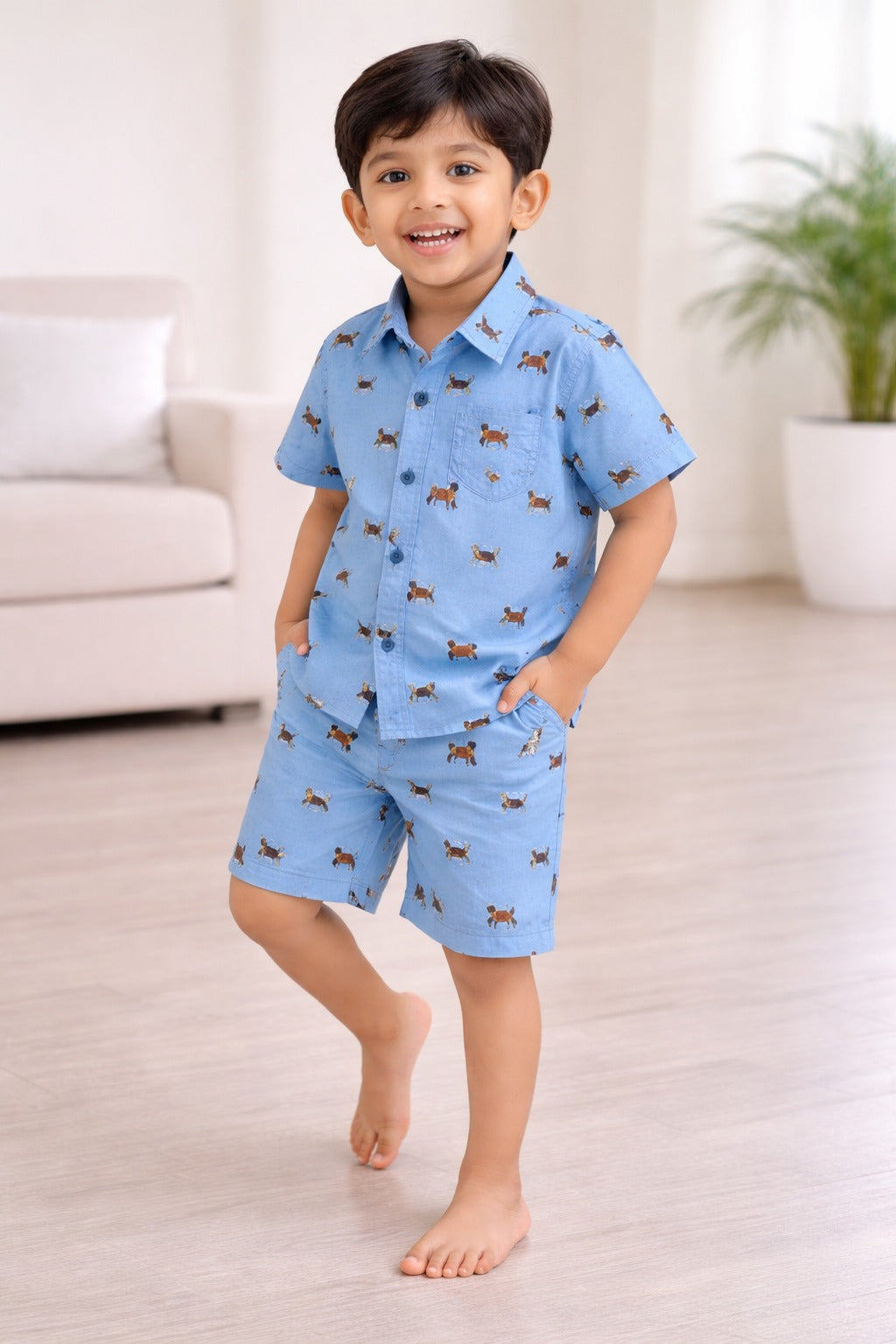 “Baby Boys Blue Dog Print Cotton Shirt & Shorts Co-Ord Set – Soft, Breathable & Stylish Summer Outfit"