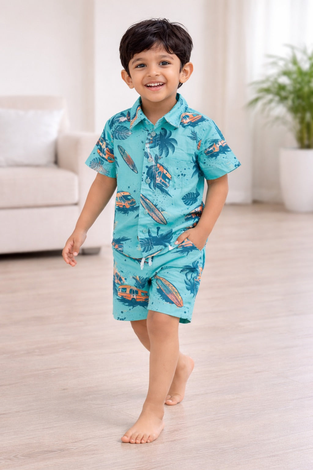 "Baby Boys Aqua Beach Surf Van Print Cotton Shirt & Shorts Co-Ord Set – Soft & Stylish Summer Outfit"
