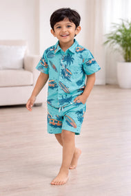 "Baby Boys Aqua Beach Surf Van Print Cotton Shirt & Shorts Co-Ord Set – Soft & Stylish Summer Outfit"