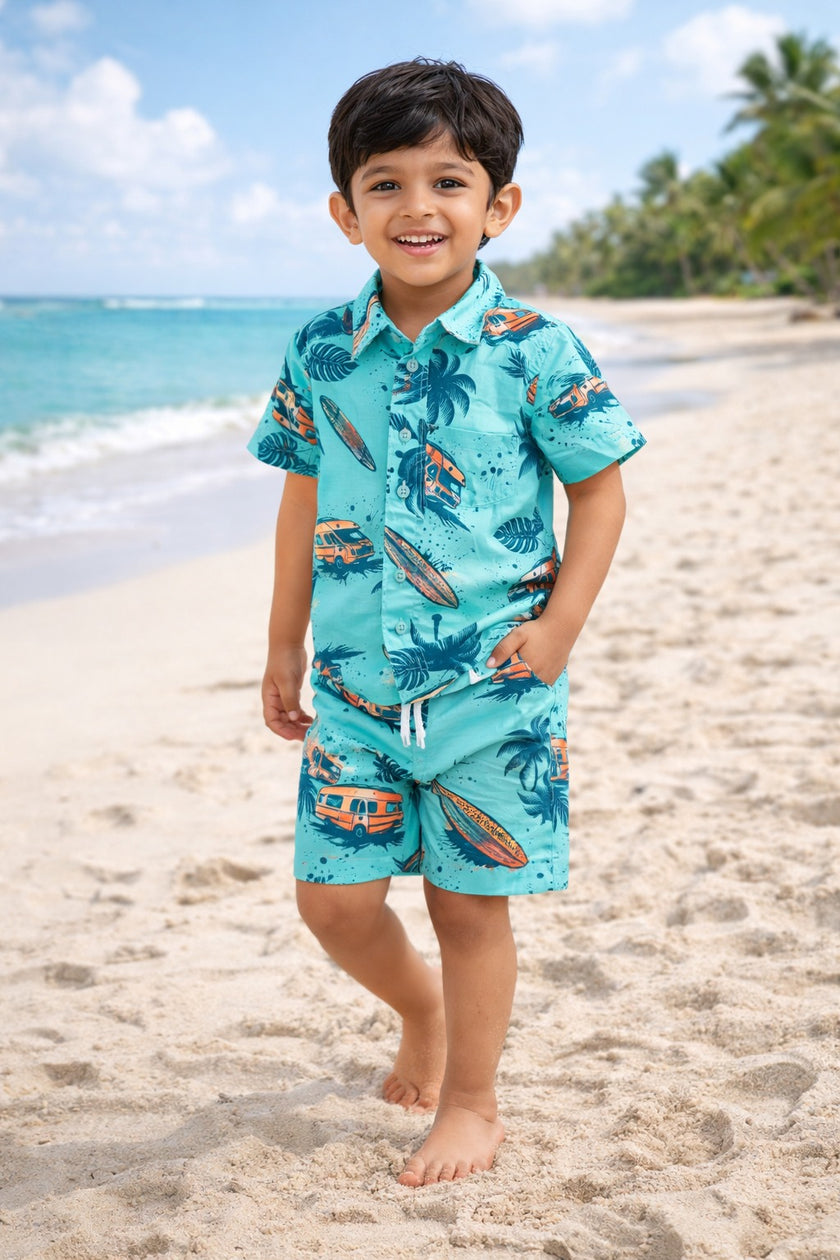 "Baby Boys Aqua Beach Surf Van Print Cotton Shirt & Shorts Co-Ord Set – Soft & Stylish Summer Outfit"