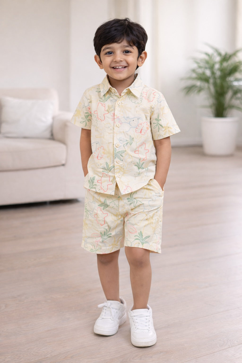 “Baby Boys Cream Dinosaur Print Cotton Shirt & Shorts Co-Ord Set – Soft, Breathable Summer Wear Outfit"