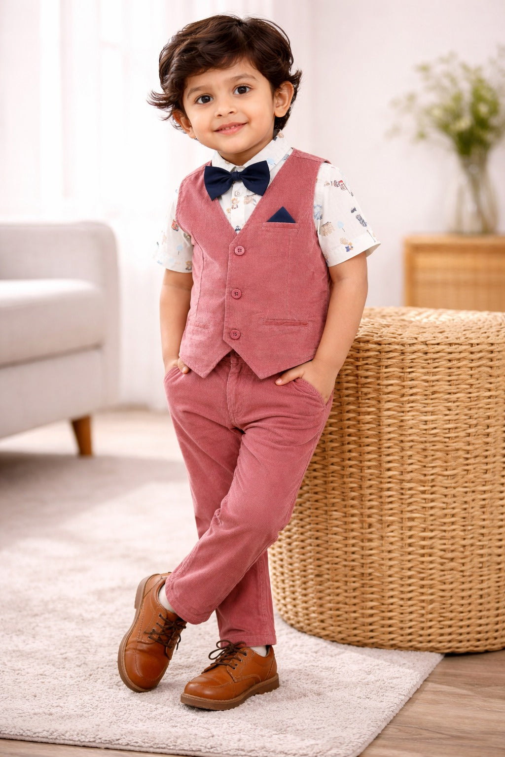 "Baby Boys Rust Corduroy Waistcoat & Pant Set with Printed Shirt & Bow Tie"