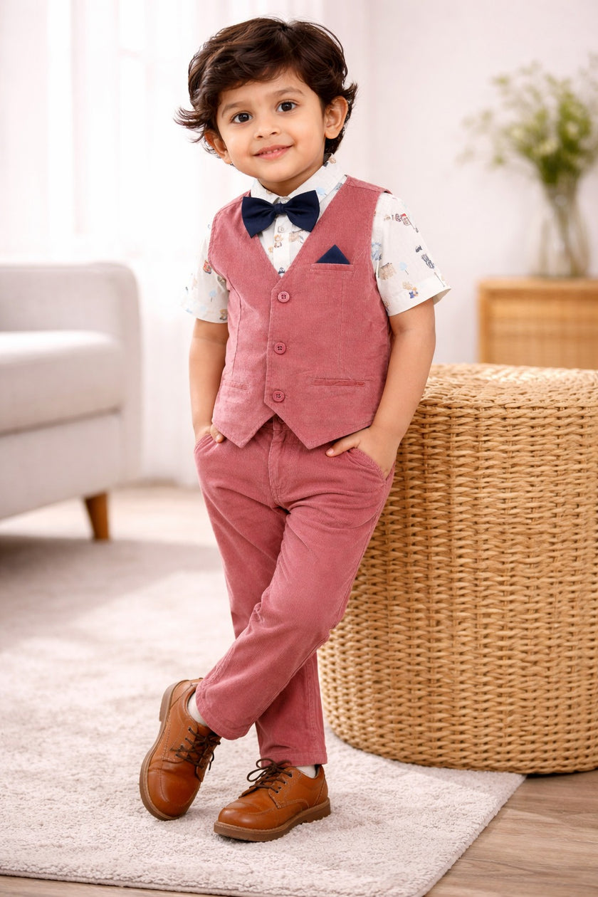 "Baby Boys Rust Corduroy Waistcoat & Pant Set with Printed Shirt & Bow Tie"